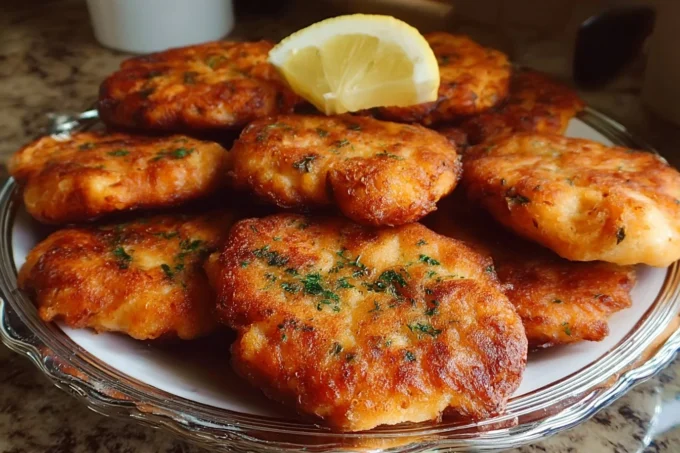 Crispy homemade salmon patties served on a plate with fresh greens.