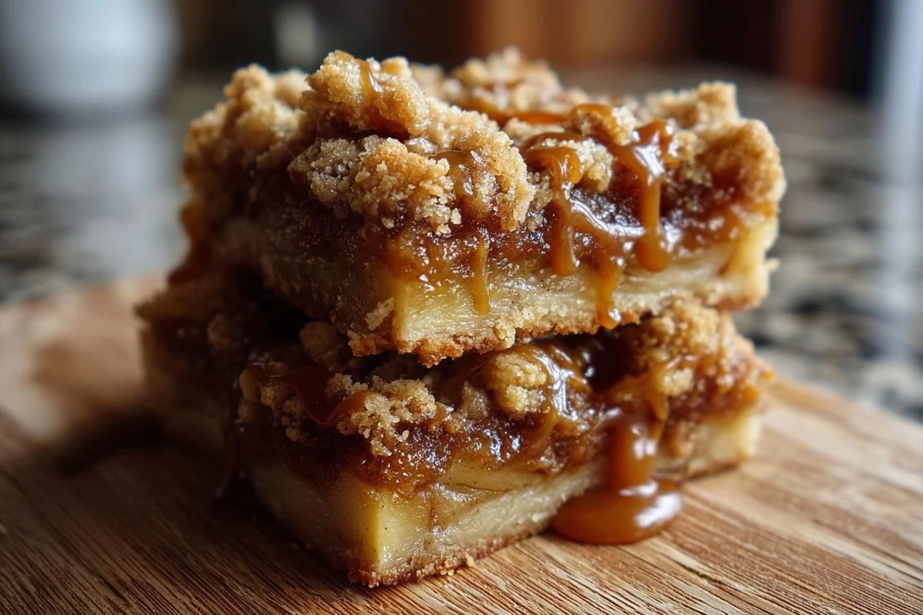 Delicious Salted Caramel Apple Crumble Bars topped with caramel sauce