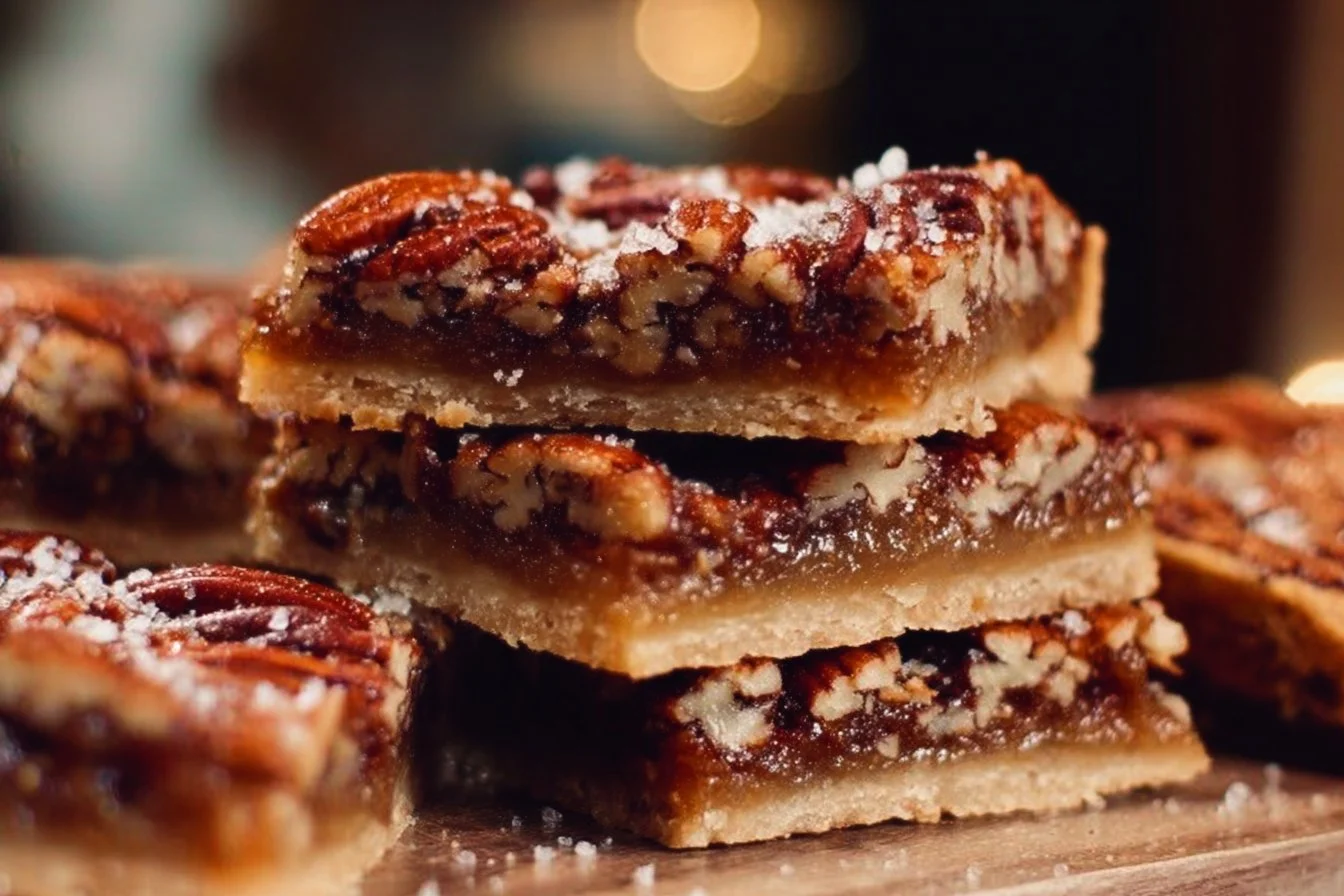 Delicious salted maple pecan pie bars on a wooden table