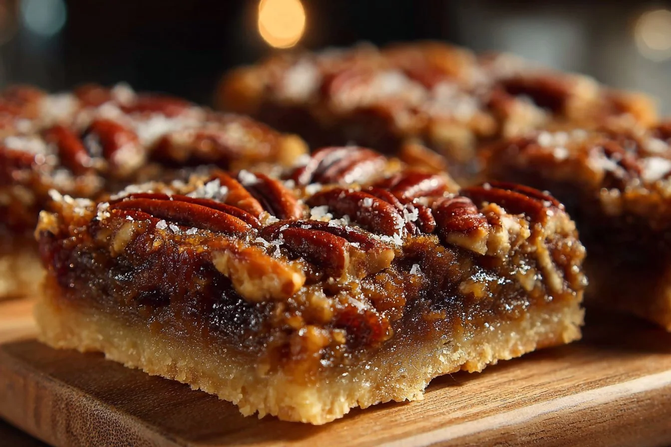 Salted maple pecan pie bars with a crunchy pecan topping