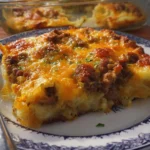 Sausage Hash Brown Breakfast Casserole served in a baking dish.