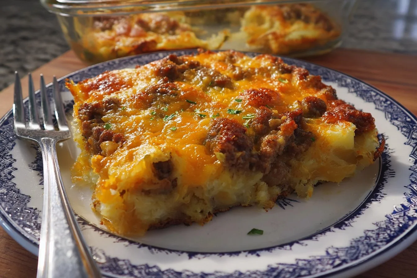 Sausage Hash Brown Breakfast Casserole served in a baking dish.