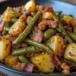 Sausage with potatoes and green beans in a skillet, ready to serve.