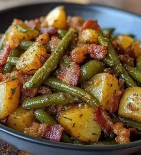 Sausage with potatoes and green beans in a skillet, ready to serve.