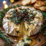 Savory baked brie with garlic and herbs served on a wooden board