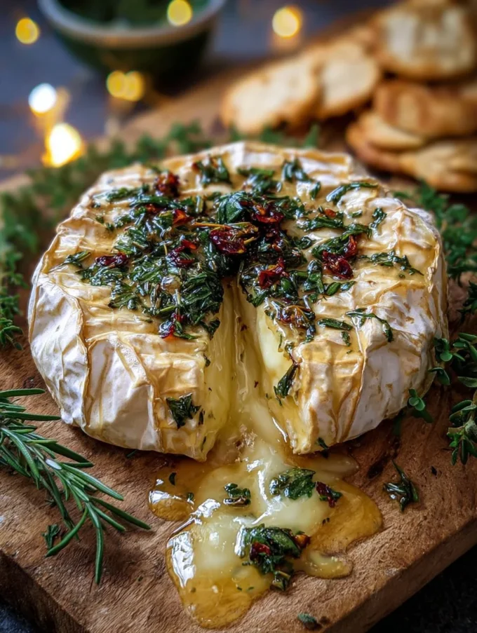 Savory baked brie with garlic and herbs served on a wooden board