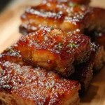Savory honey glazed pork belly dish served on a plate