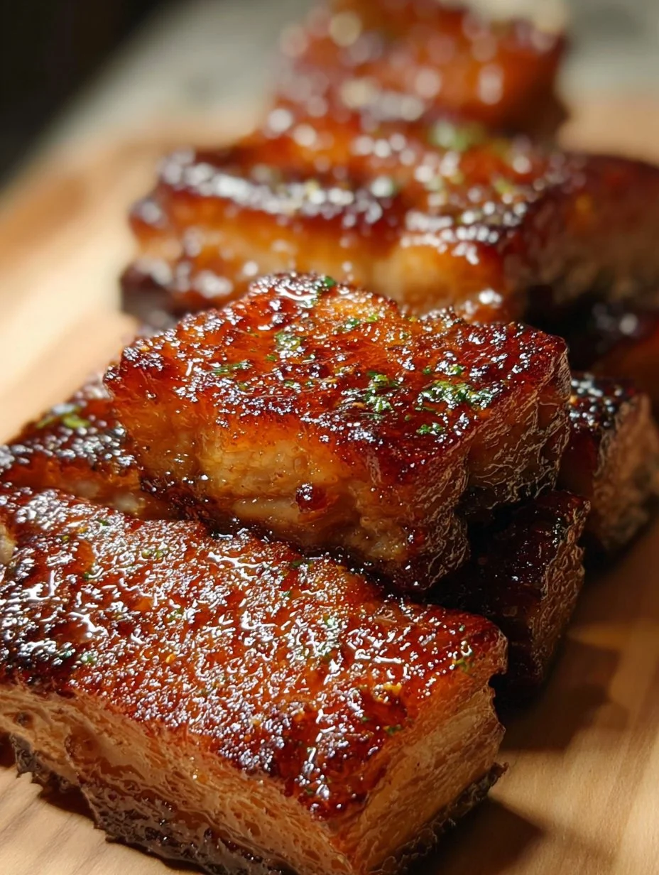 Savory honey glazed pork belly dish served on a plate