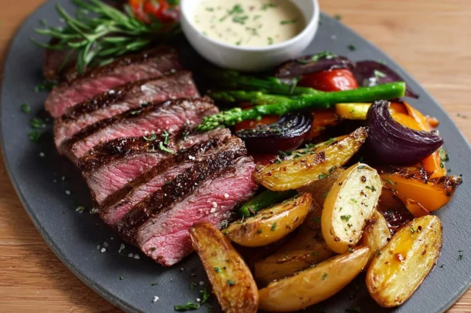 Delicious Sirloin Steak Provençal served with roasted vegetables and garlic aioli
