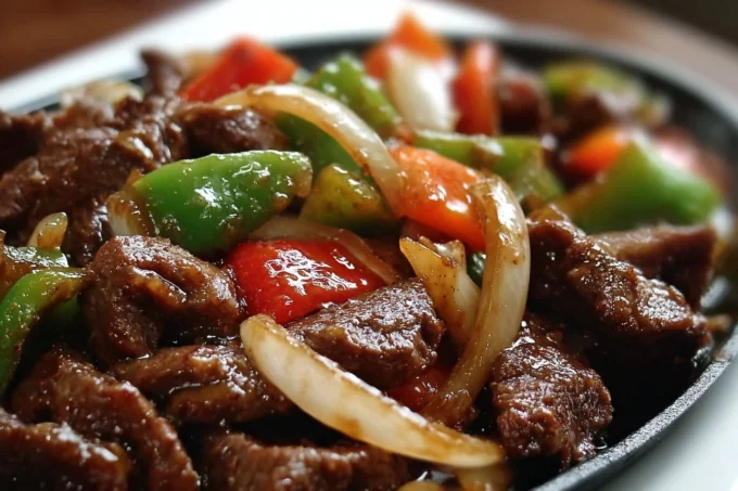 Sizzling Chinese pepper steak with onions served on a plate
