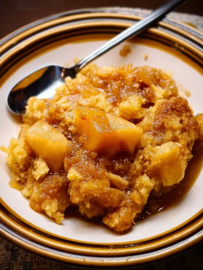 Delicious slow cooker apple dump cake topped with whipped cream.
