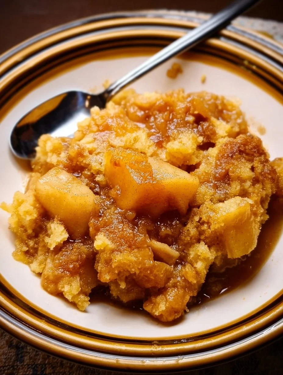 Delicious slow cooker apple dump cake topped with whipped cream.