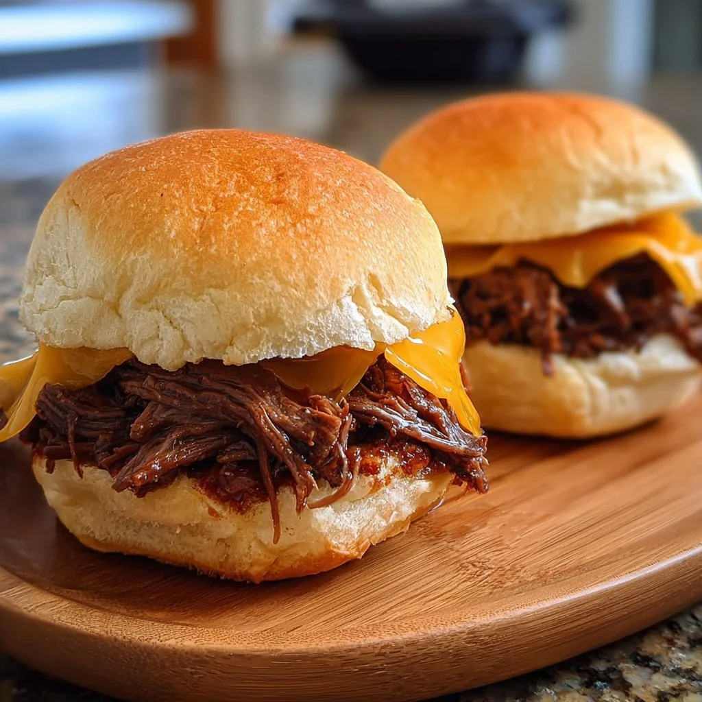 Slow Cooker Beef and Cheddar Sandwiches on a wooden plate