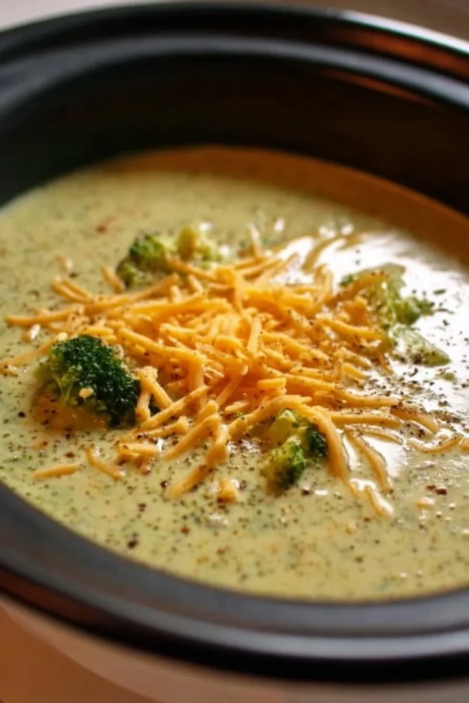 Bowl of creamy slow cooker broccoli cheddar soup garnished with fresh herbs