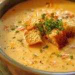 Delicious bowl of Slow Cooker Cheddar Soup topped with herbs and cheese.