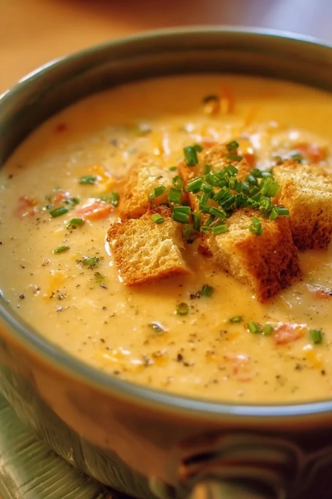 Delicious bowl of Slow Cooker Cheddar Soup topped with herbs and cheese.