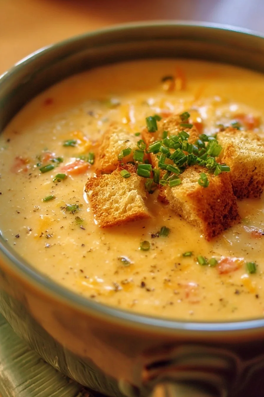 Delicious bowl of Slow Cooker Cheddar Soup topped with herbs and cheese.