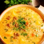 Bowl of slow cooker cheeseburger soup garnished with herbs