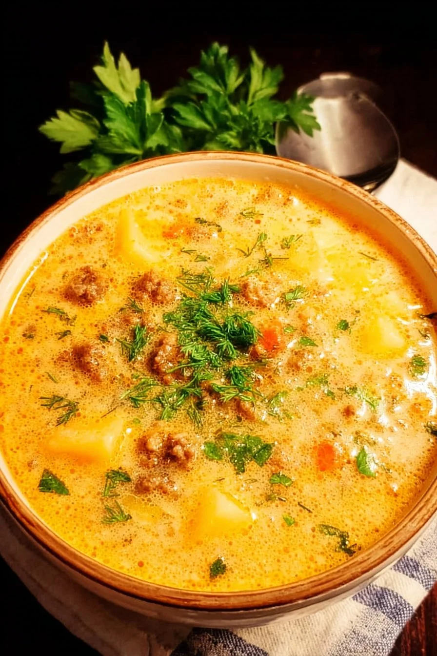 Bowl of slow cooker cheeseburger soup garnished with herbs