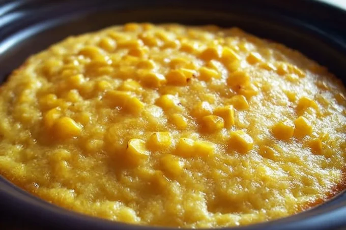 Slow Cooker Corn Pudding in a rustic ceramic dish
