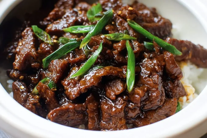 Slow Cooker Mongolian Beef dish with tender beef and savory sauce