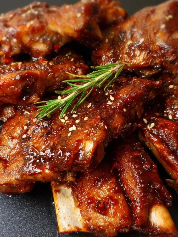 Delicious slow cooked pork spareribs served on a plate with BBQ sauce.
