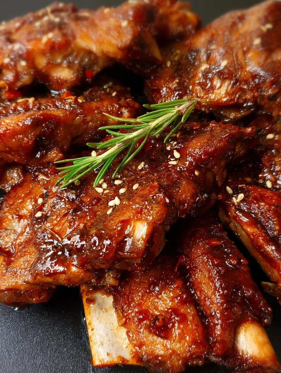 Delicious slow cooked pork spareribs served on a plate with BBQ sauce.