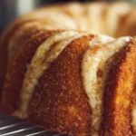 Delicious Snickerdoodle Bundt Cake topped with frosting and cinnamon sugar.