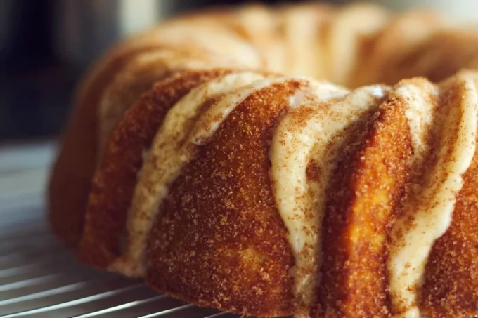 Delicious Snickerdoodle Bundt Cake topped with frosting and cinnamon sugar.