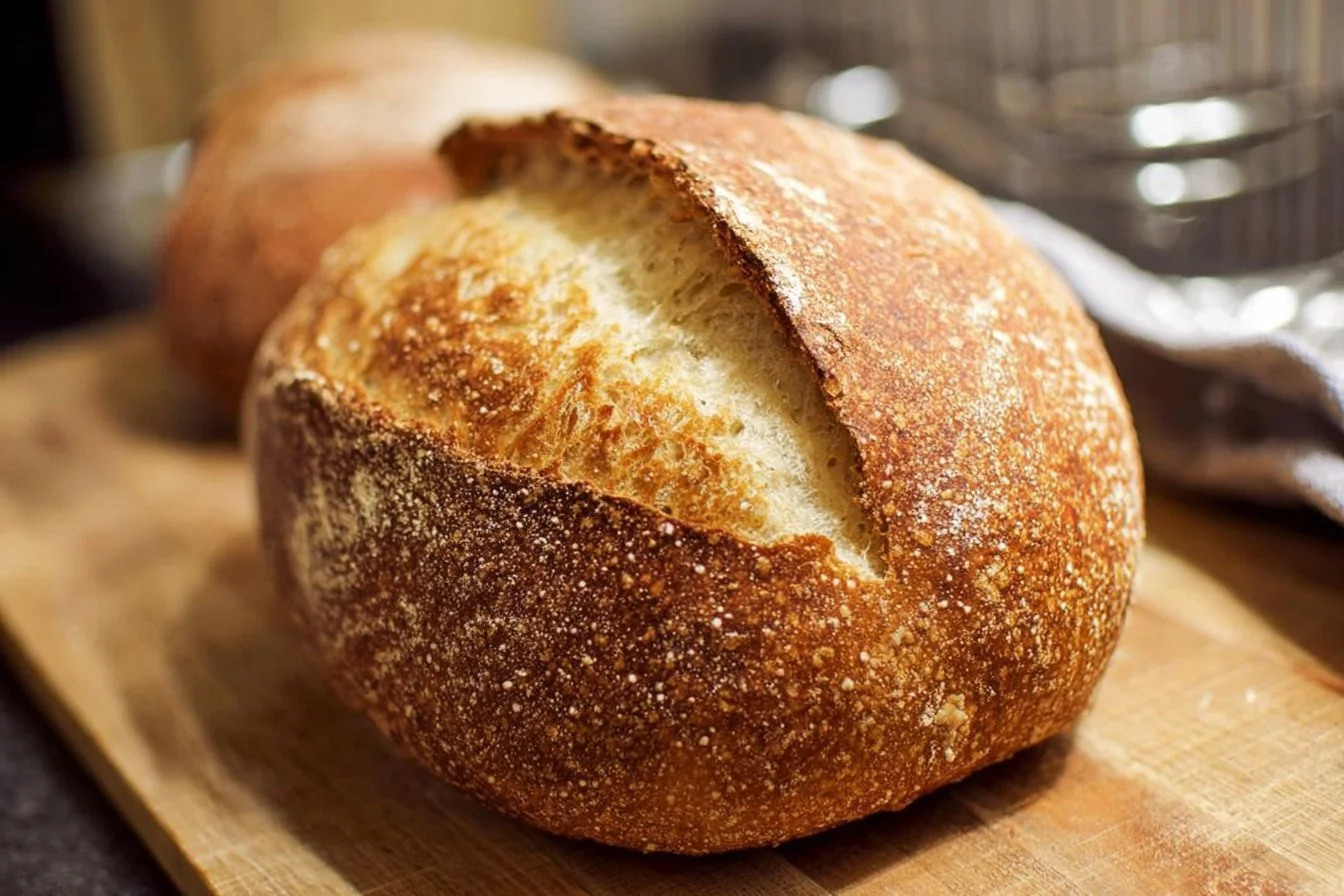 Freshly baked homemade sourdough bread with a crispy crust and soft interior.