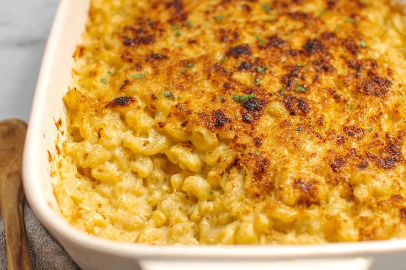 Southern baked macaroni and cheese recipe in a golden bubbly casserole dish