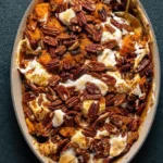 Southern Maple Sweet Potato Casserole topped with marshmallows and pecans
