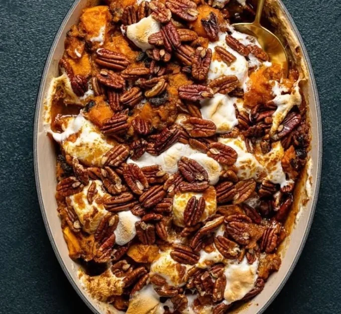 Southern Maple Sweet Potato Casserole topped with marshmallows and pecans