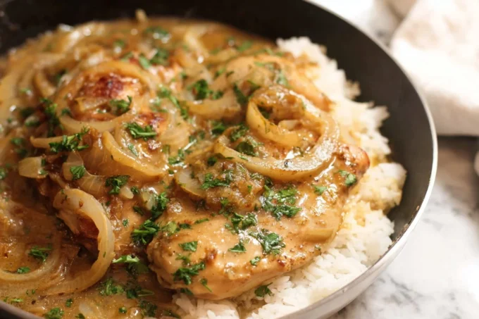 Southern smothered chicken recipe served in a skillet over rice with onion gravy