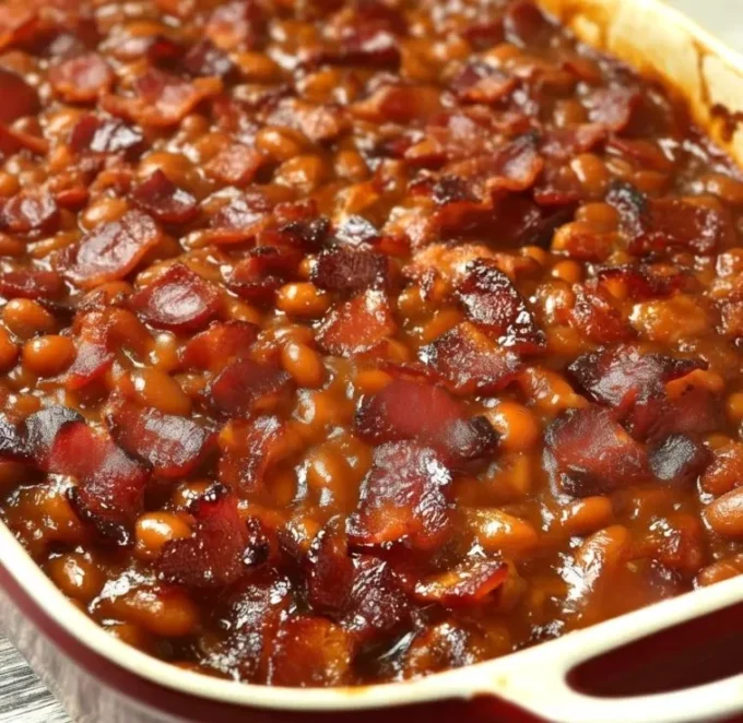 Southern-style baked beans with bacon served in a rustic bowl