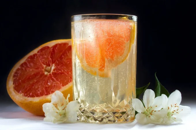 Sparkling grapefruit cocktail served in a glass with garnishes
