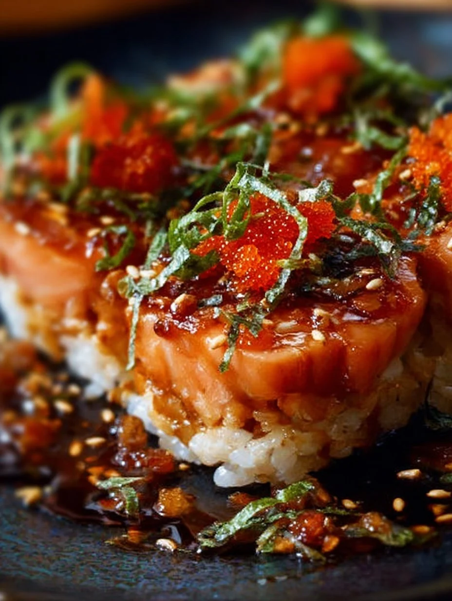Spicy salmon sushi bake topped with avocado and green onions in a baking dish.