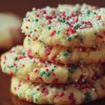 A stack of soft, bright Sprinkle Cookies dusted with powdered sugar, showcasing the colorful sprinkles.