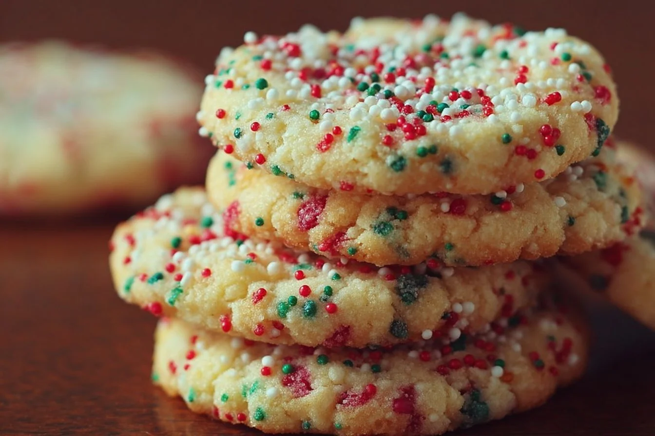A stack of soft, bright Sprinkle Cookies dusted with powdered sugar, showcasing the colorful sprinkles.