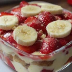 Delicious strawberry banana pudding served in a bowl with fresh fruit
