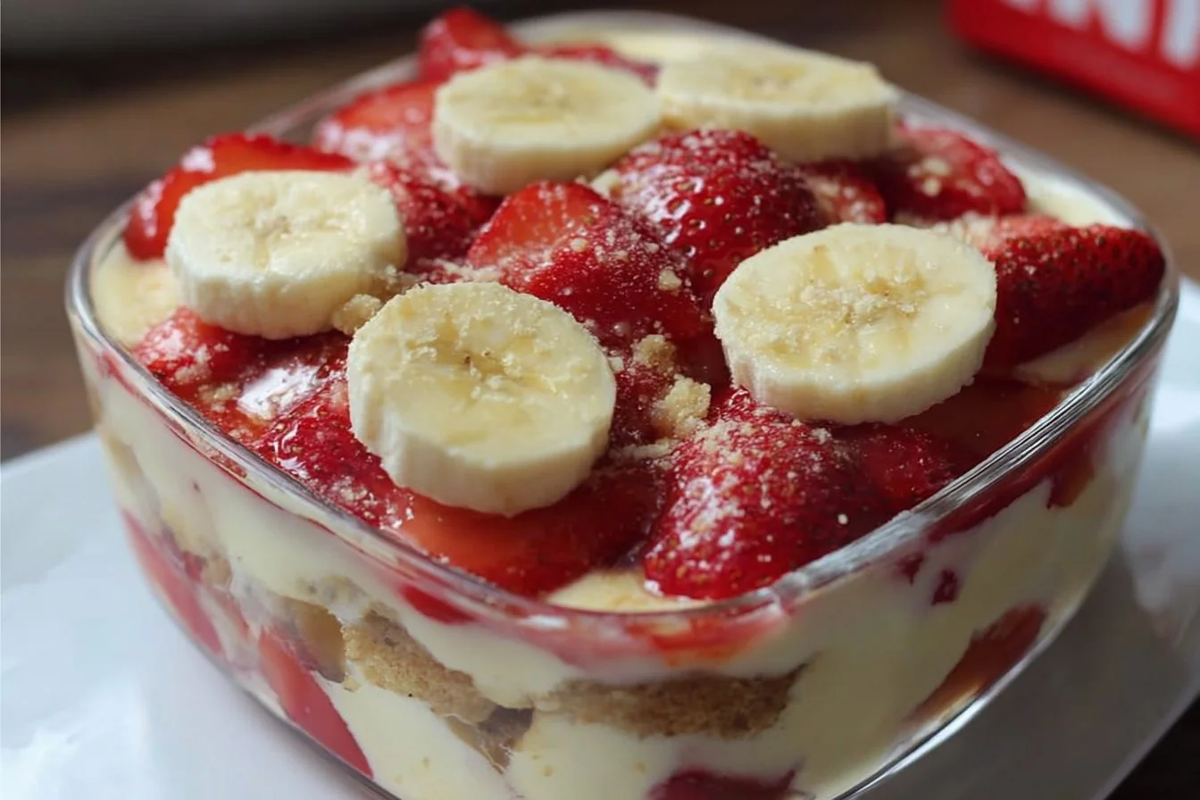 Delicious strawberry banana pudding served in a bowl with fresh fruit