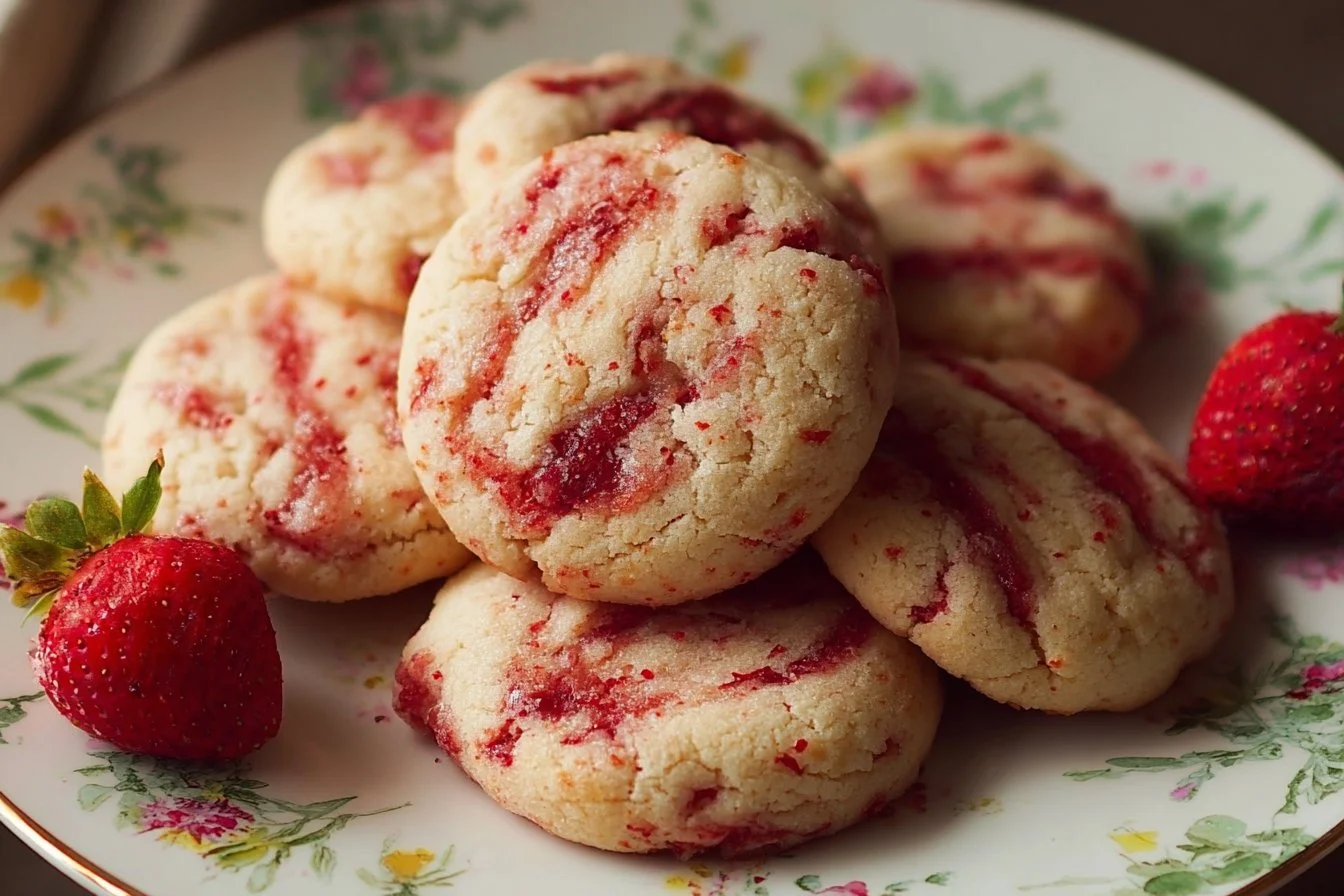 Delicious Strawberry Cheesecake Cookies on a wooden plate