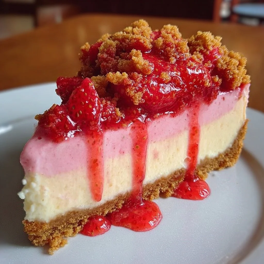 Delicious strawberry crunch cheesecake topped with fresh strawberries and a crispy layer.