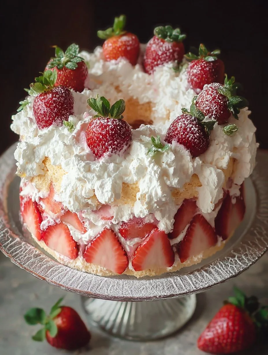 Slice of Strawberry Marshmallow Angel Cake topped with fresh strawberries