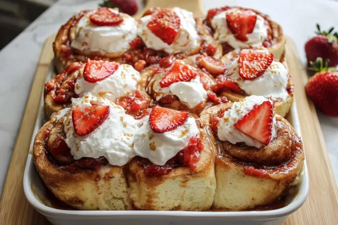 Delicious Strawberry Shortcake Cinnamon Rolls topped with fresh strawberries and cream