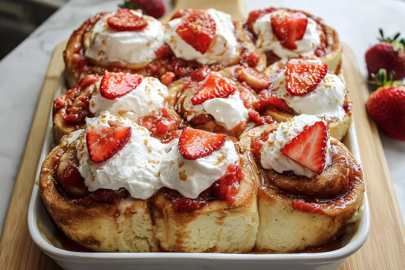 Delicious Strawberry Shortcake Cinnamon Rolls topped with fresh strawberries and cream