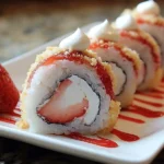Delicious strawberry shortcake sushi rolls topped with fresh strawberries and cream.