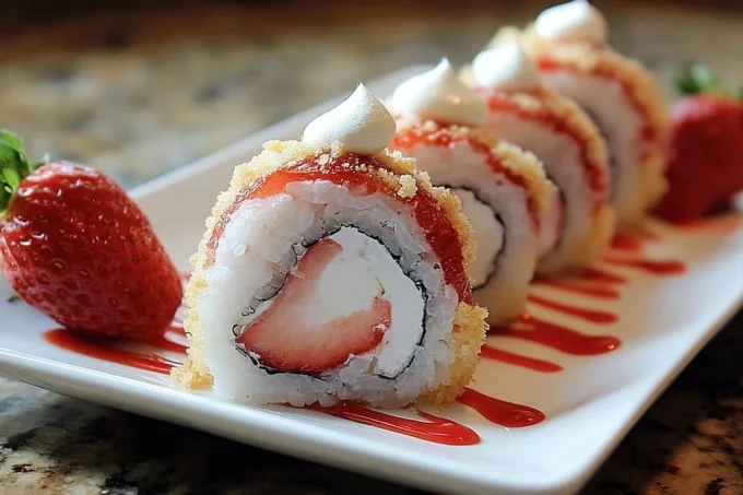 Delicious strawberry shortcake sushi rolls topped with fresh strawberries and cream.