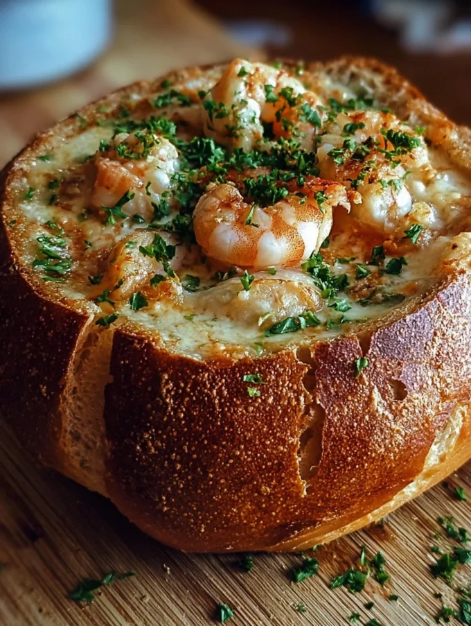 Stuffed seafood bread bowl filled with savory seafood mix and herbs