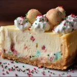 Delicious slice of Sugar Cookie Cheesecake topped with sprinkles